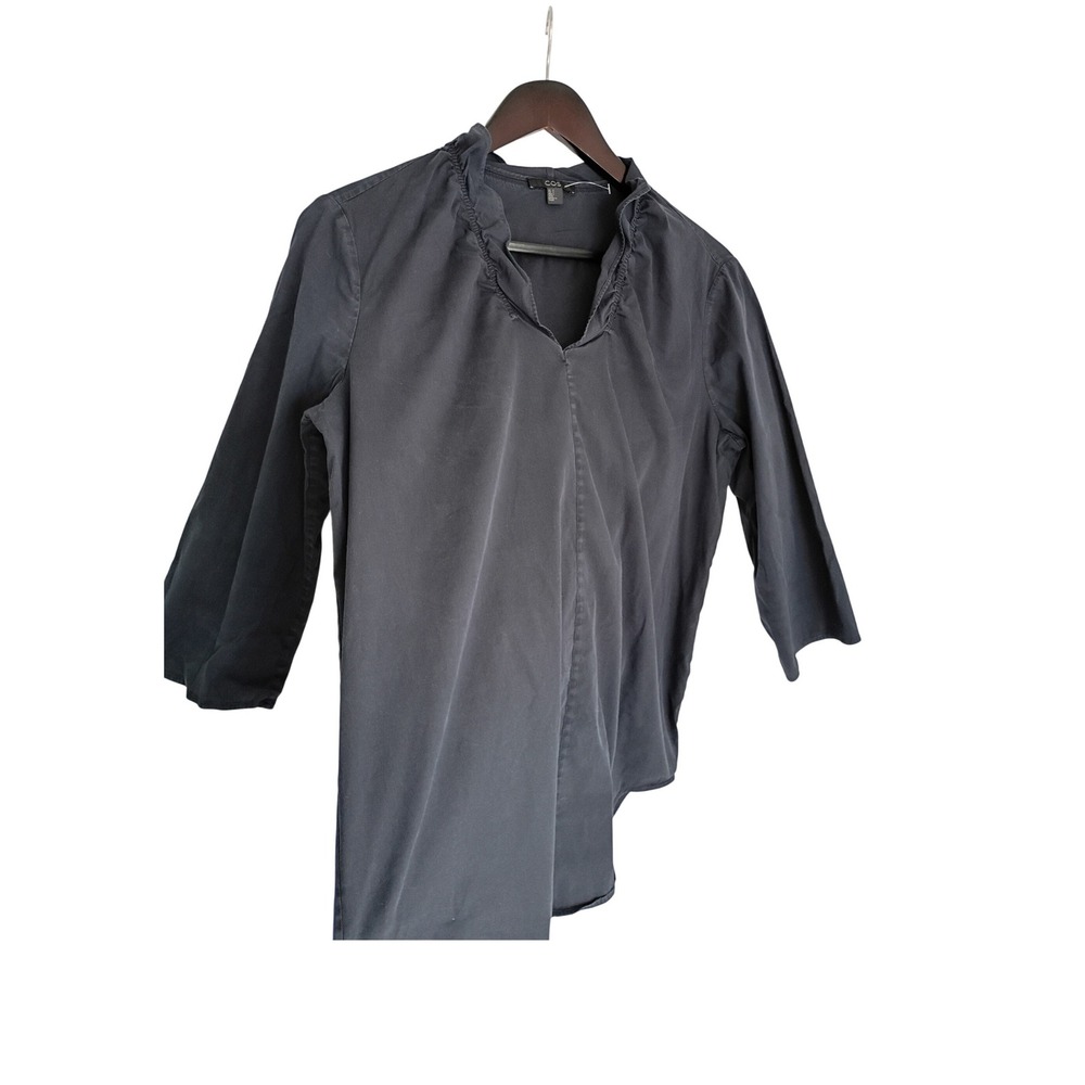 COS Navy Blue V-Neck Ruffle Trim 3/4 Sleeve Cotton Blend Blouse Top Small $89